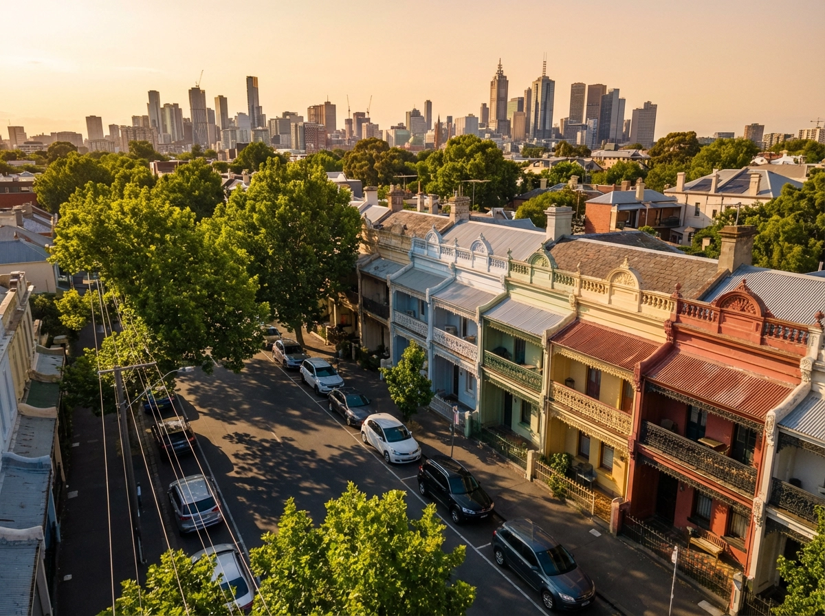 Aerial view of colourful Victorian terrace homes in inner-city Melbourne