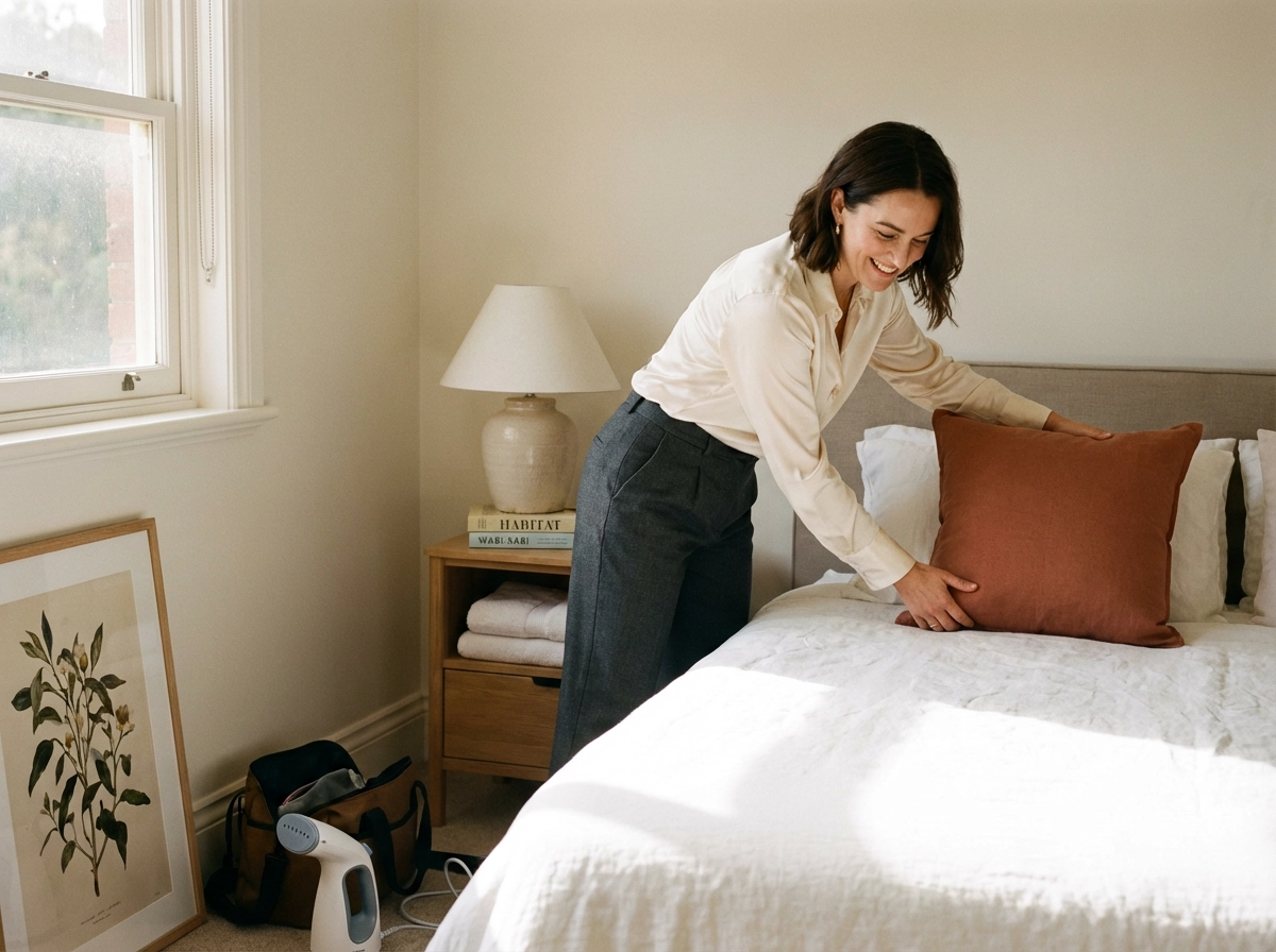 Professional property stylist arranging decor in a Melbourne home