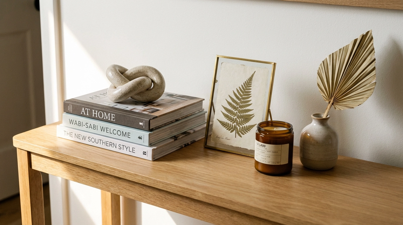 Close-up detail of curated staging furniture vignette for Melbourne properties