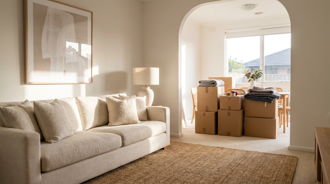 Styled Melbourne home interior at twilight with rapid turnaround property styling