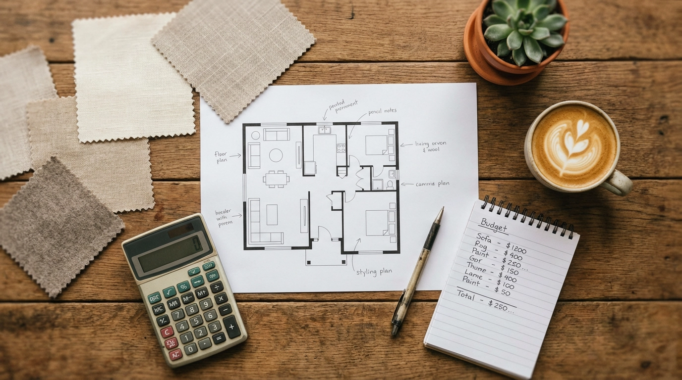 Flat-lay overhead shot of home styling budget planning materials for Melbourne properties