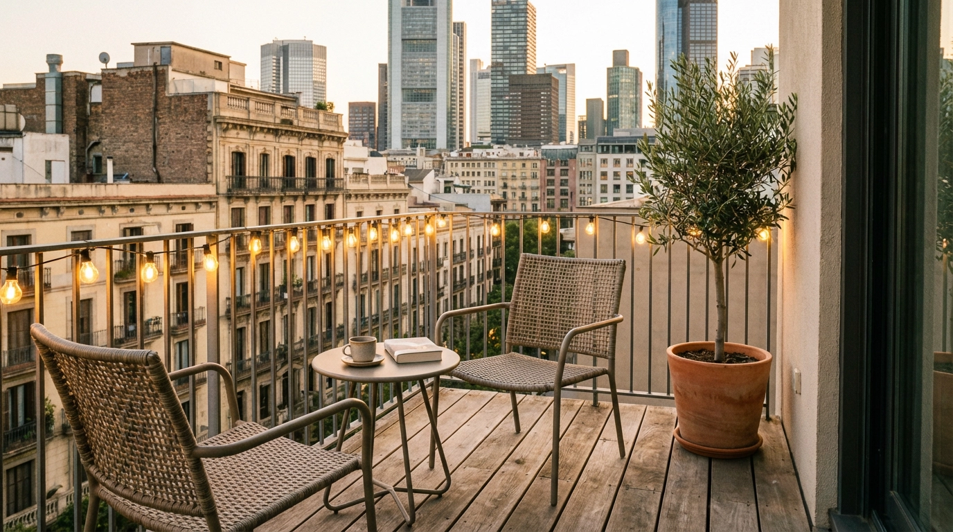 Small apartment balcony with partial styling overlooking the Melbourne skyline