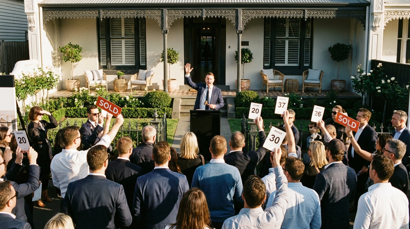 Real estate auction scene at a beautifully styled Melbourne home showing successful property sale