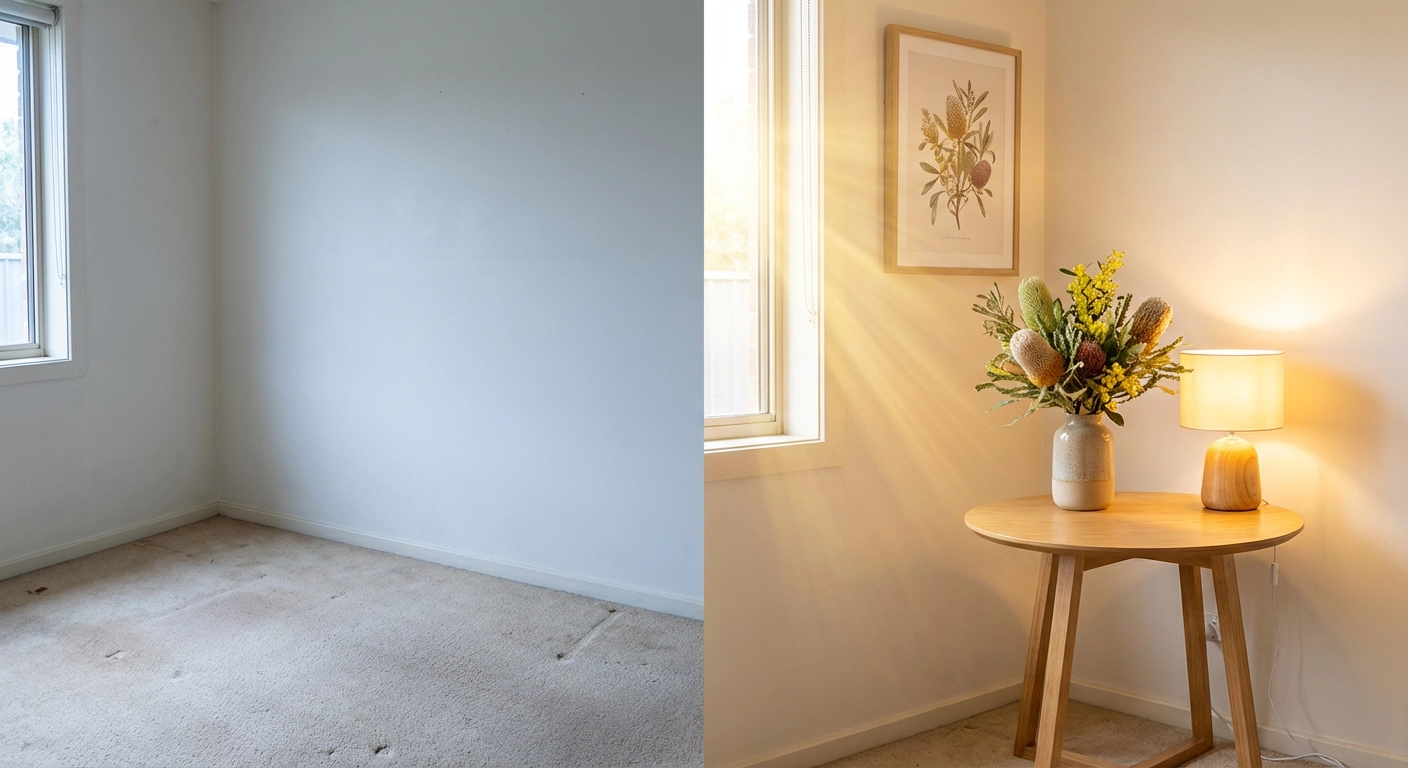 Split image showing unstaged and professionally staged Melbourne living room