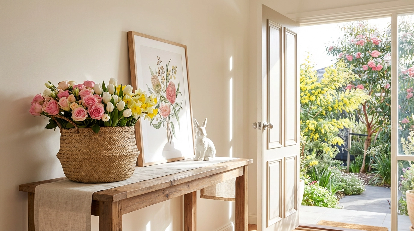 Melbourne home entryway styled for spring with fresh flowers and seasonal decor