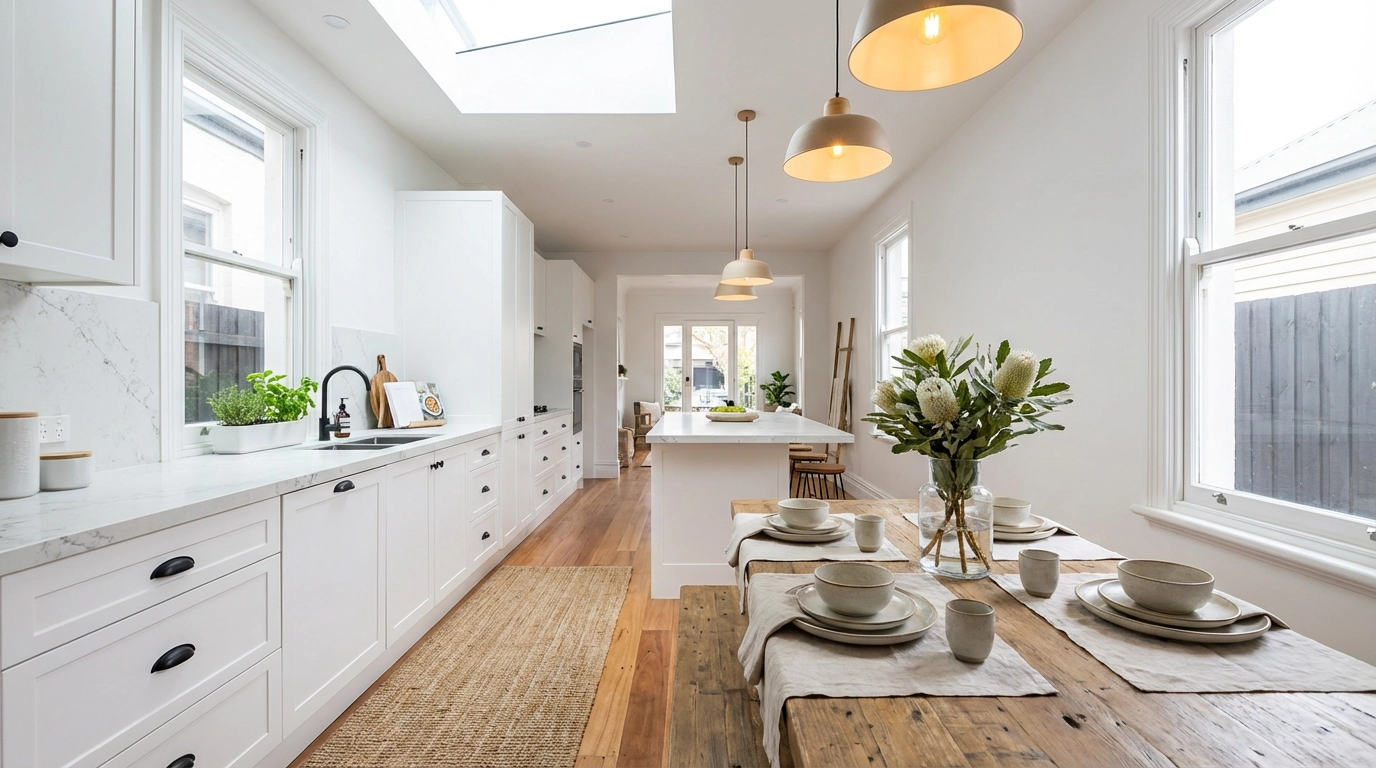 Professionally styled open-plan kitchen and dining area in a Melbourne home