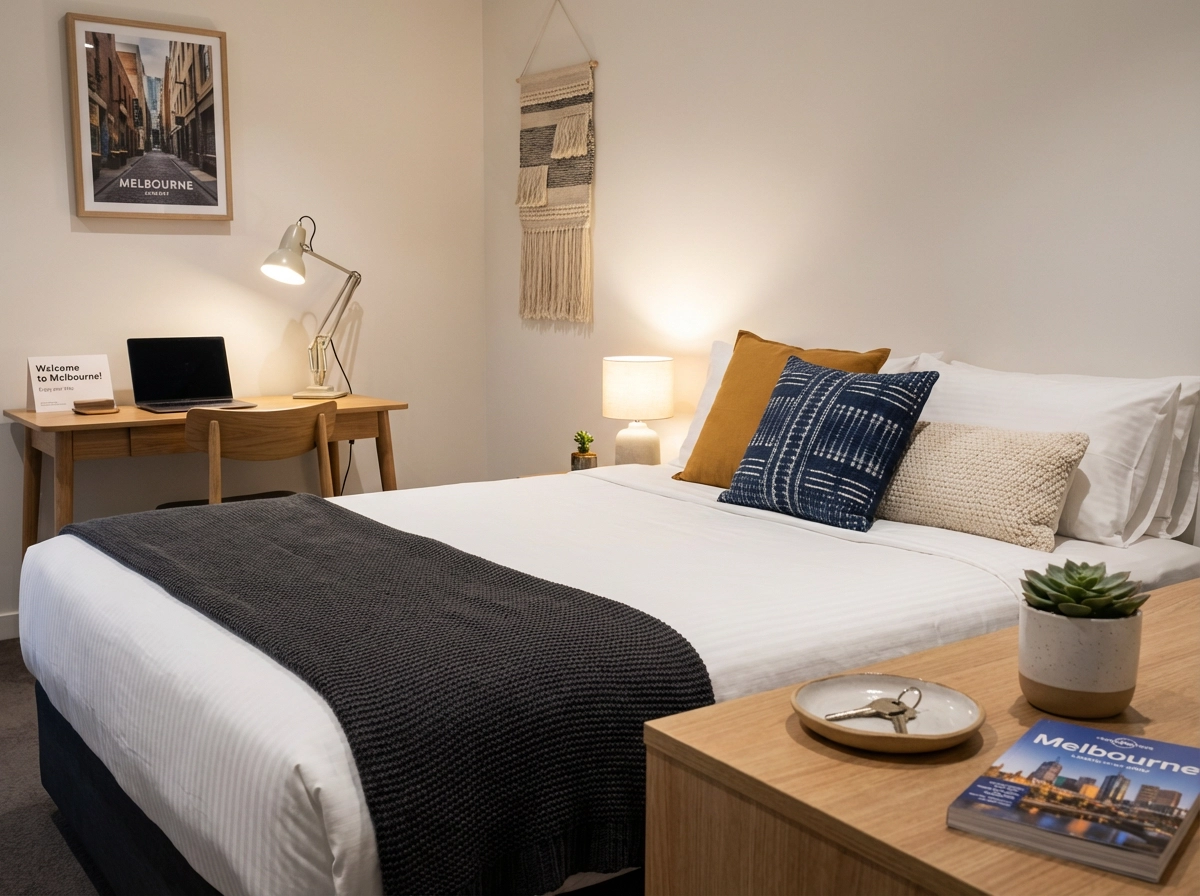 Stylish short-term rental bedroom with Airbnb property styling in Melbourne