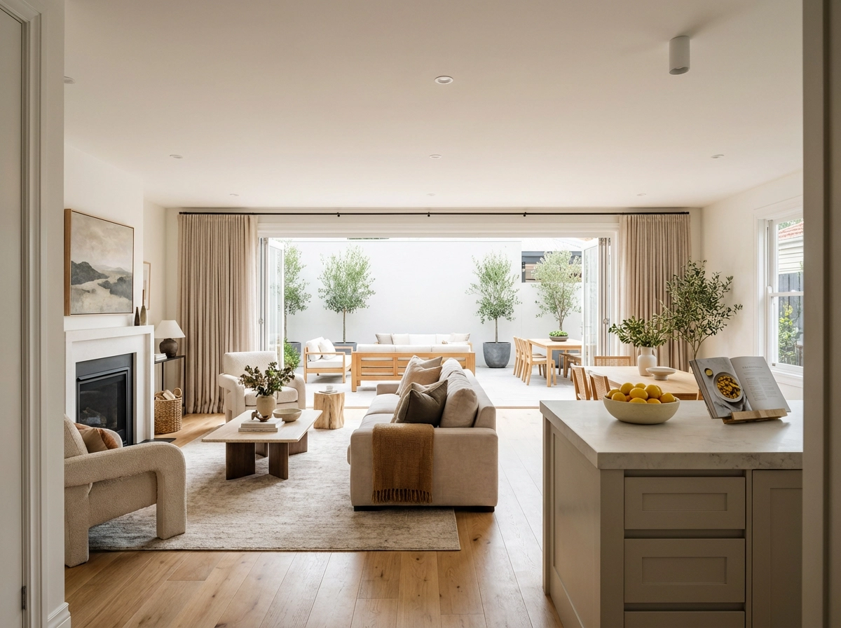 Wide shot of multiple rooms in a fully staged Melbourne home