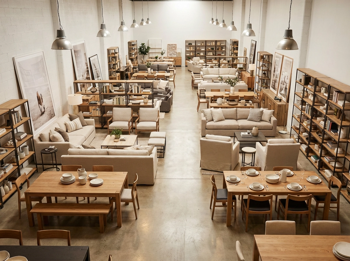 Organised furniture warehouse showroom for home staging in Melbourne