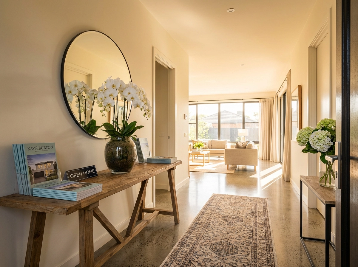 Entrance hallway of a prestige Melbourne home set up for real estate staging