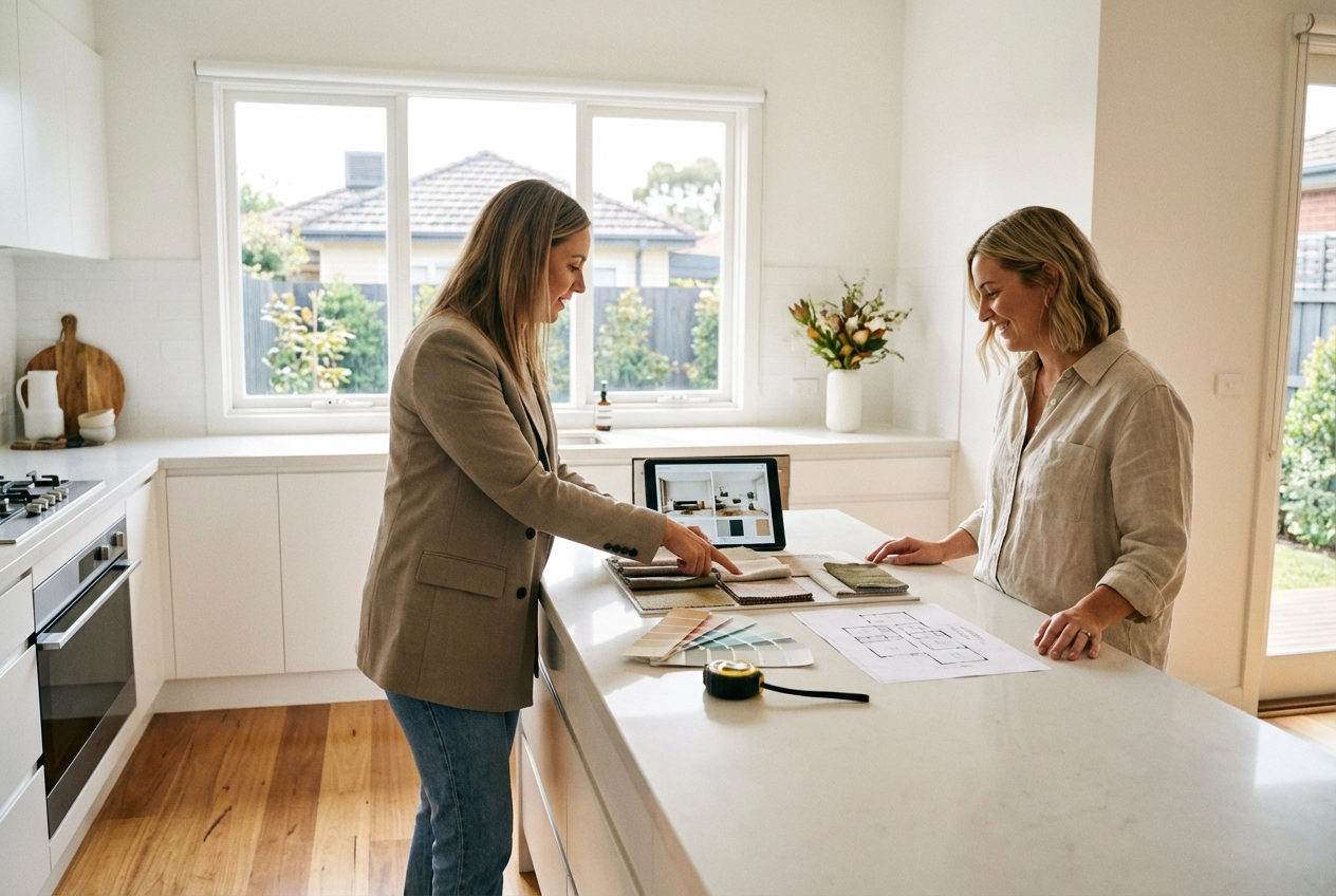 Property styling consultation meeting at a Melbourne kitchen