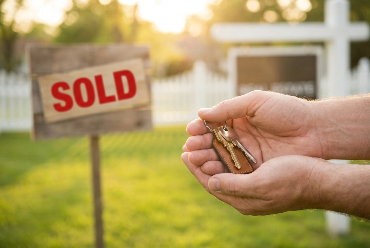 Homeowner holding new house keys with a sold sign after successful property styling in Melbourne